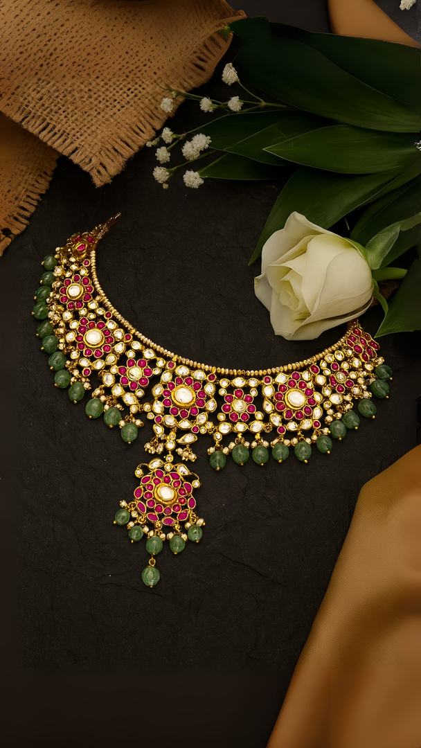 Royal Kundan Polki Choker with Green Beads