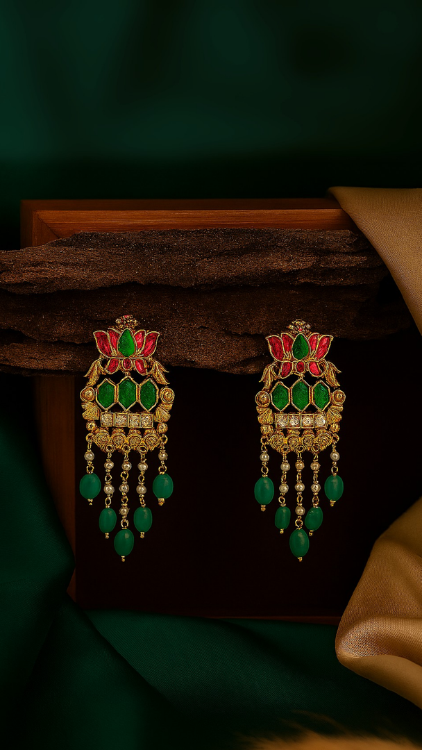 Lotus Inspired Kundan & Meenakari Dangler Earrings