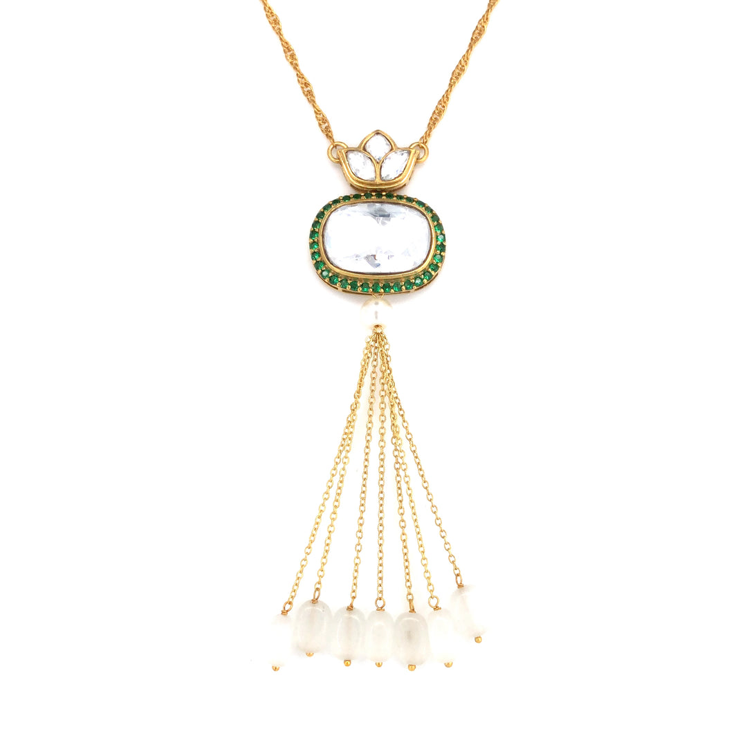 Polki Oval Chain Pendant with White Moti