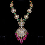 Load image into Gallery viewer, Peacock Red Drop Green Mala Neck Polki
