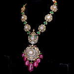 Load image into Gallery viewer, Peacock Red Drop Green Mala Neck Polki
