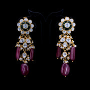 Omisa Ruby Drop Floral Kundan Earrings With Red Drops
