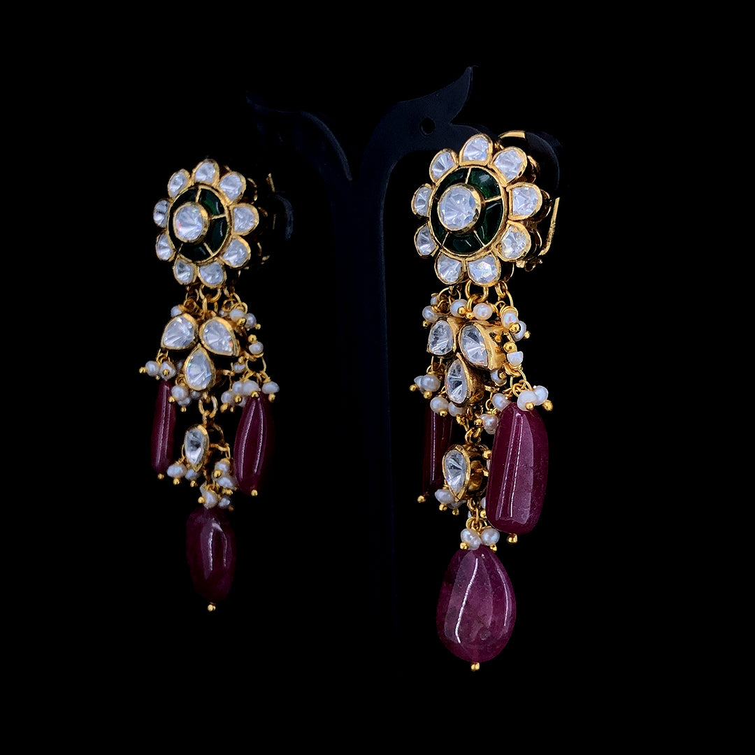 Polki Earrings With Red Drops