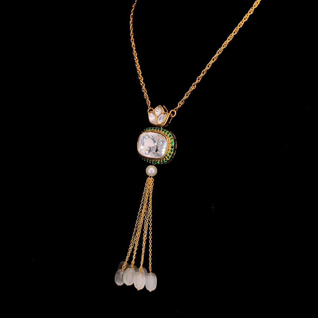 Polki Oval Chain Pendant with White Moti