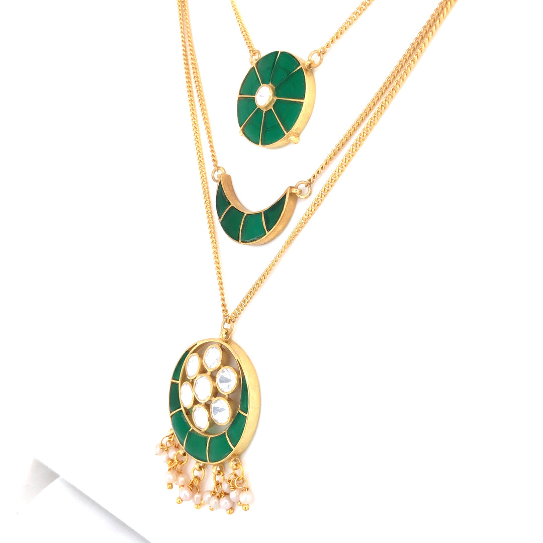 Star Moon Green Three Line Chain Necklace