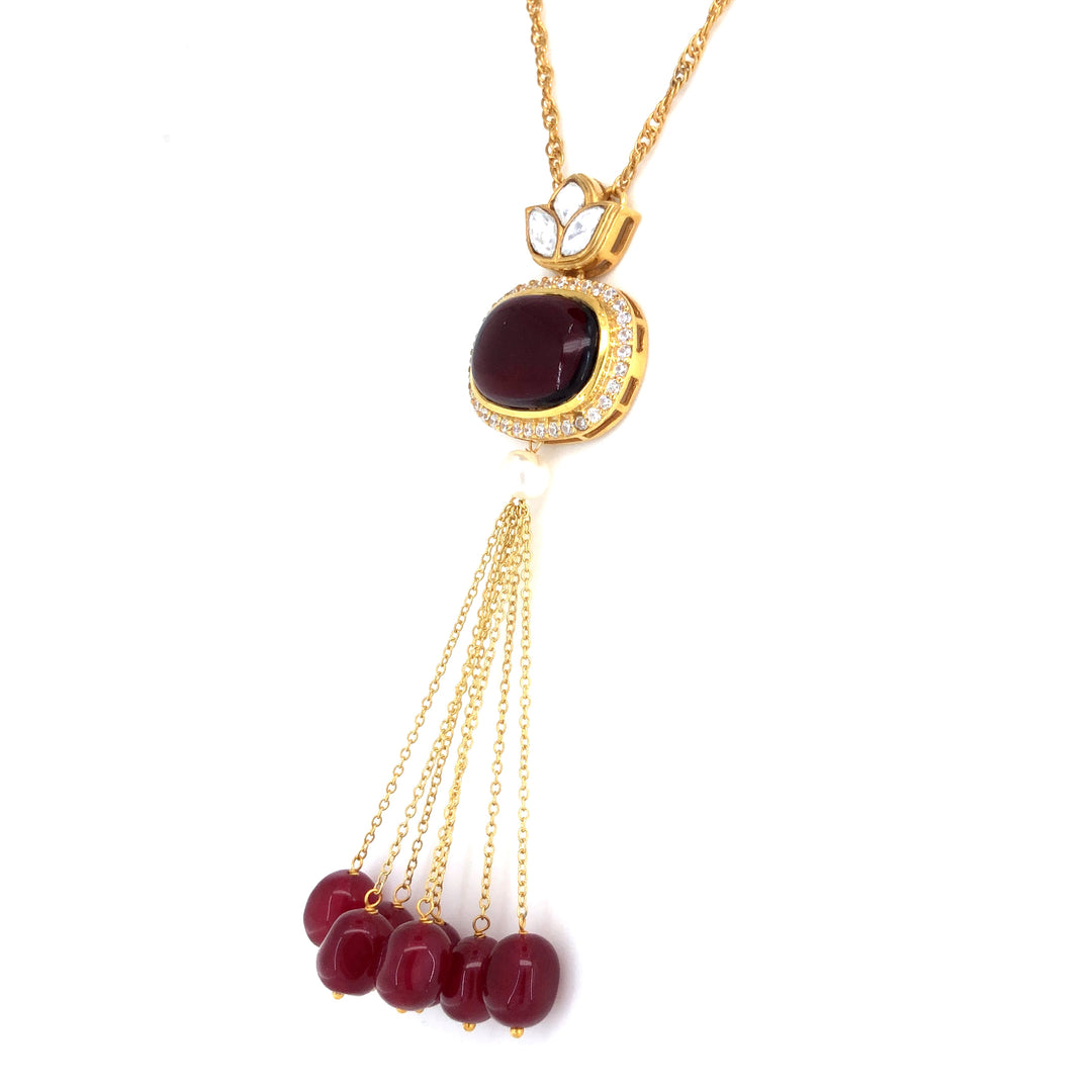 Red Oval Chain Pendant with Red Moti Drops