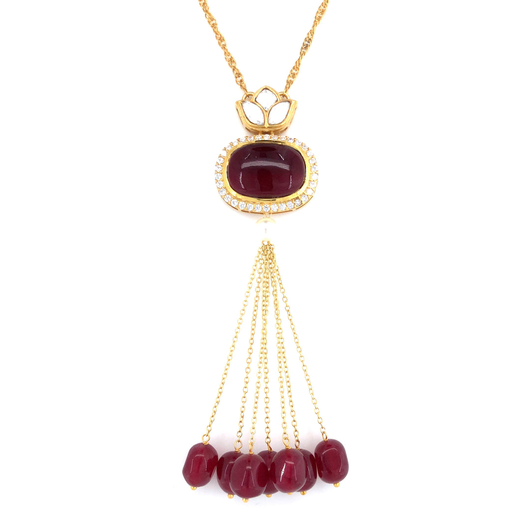 Red Oval Chain Pendant with Red Moti Drops