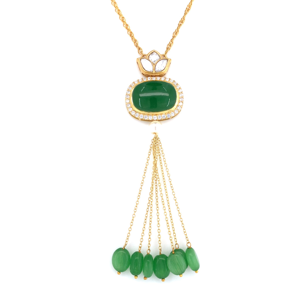 Green Oval Chain Pendant with Green Moti Drops