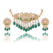 Emerald Green Kundan Pearl Choker Necklace Set