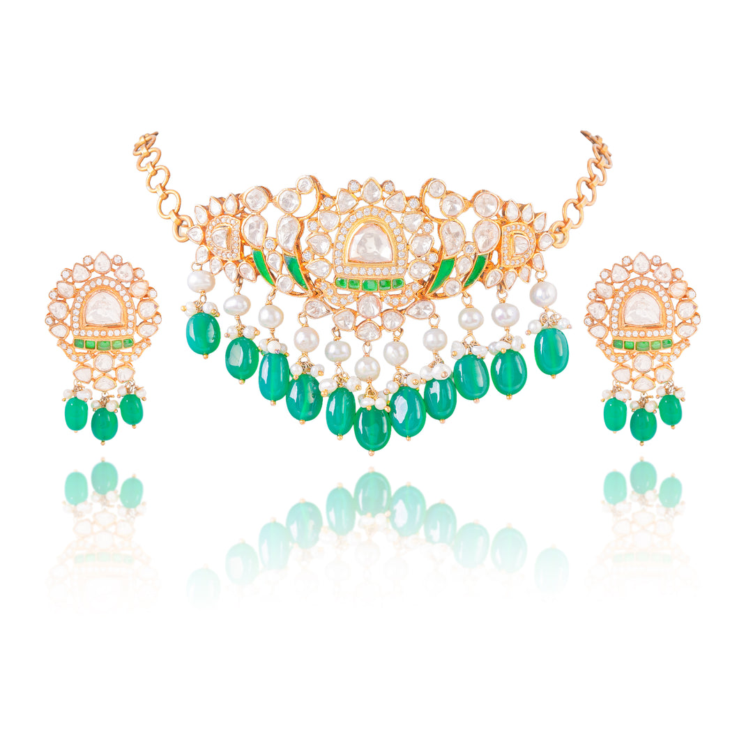 Emerald Green Kundan Pearl Choker Necklace Set